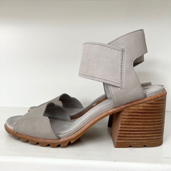Sorel Nadia Chunky Heeled Sandals Dove Gray Leather Women’s 10.5 Elastic Strap - Picture 2 of 7